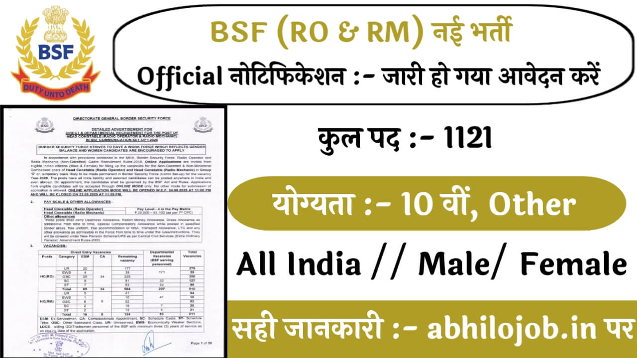 BSF RO & RM 1121 Recruitment: