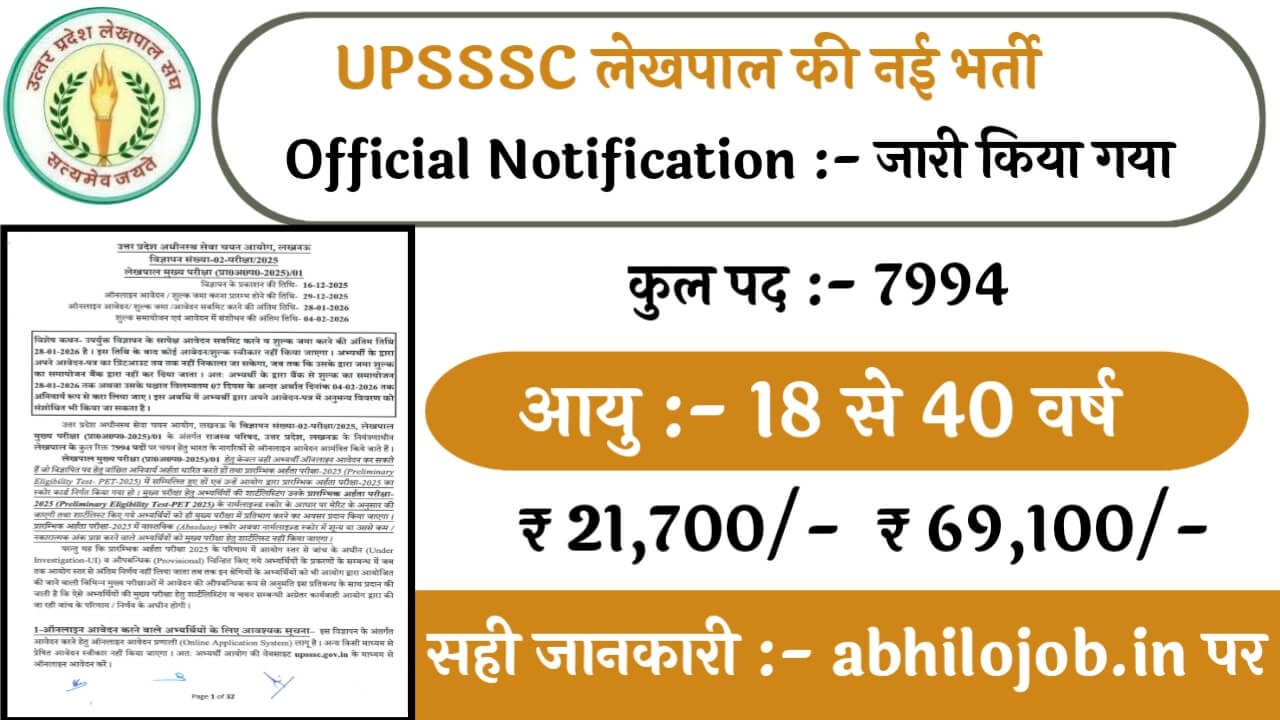 UPSSSC Lekhapal 7994 Recruitment: