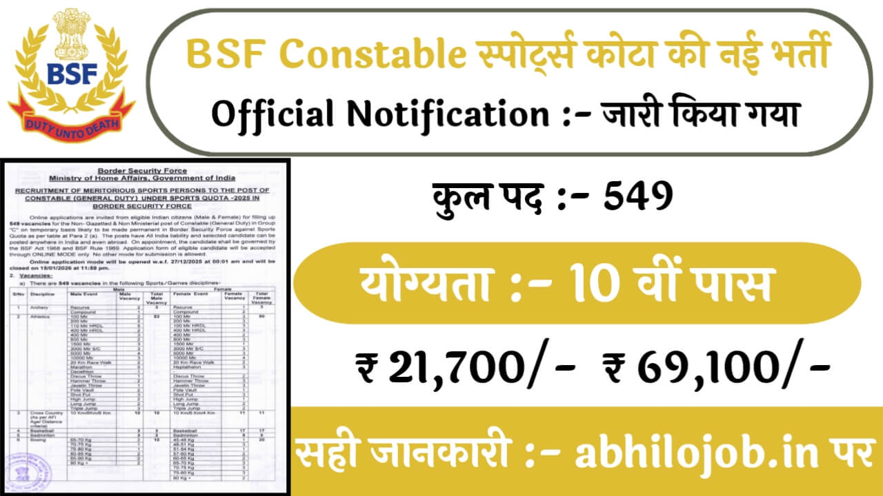BSF Constable Sports Quota 549 Recruitment: